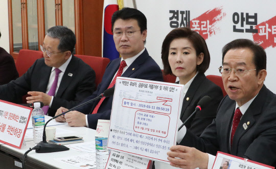 '박영선 후보자는 …'28일 국회에서 열린 자유한국당 '문정권 문제인사청문회 평가 회의'에서 산업통상자원중소벤처기업위원회 자유한국당 간사인 이종배 의원(오른쪽)이 박영선 중기부 장관 후보자 인사청문회 관련 발언하고 있다.   연합뉴스
